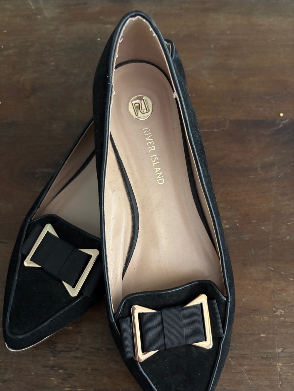 River Island Black Suede Bow Trim Pointed Ballet Flats